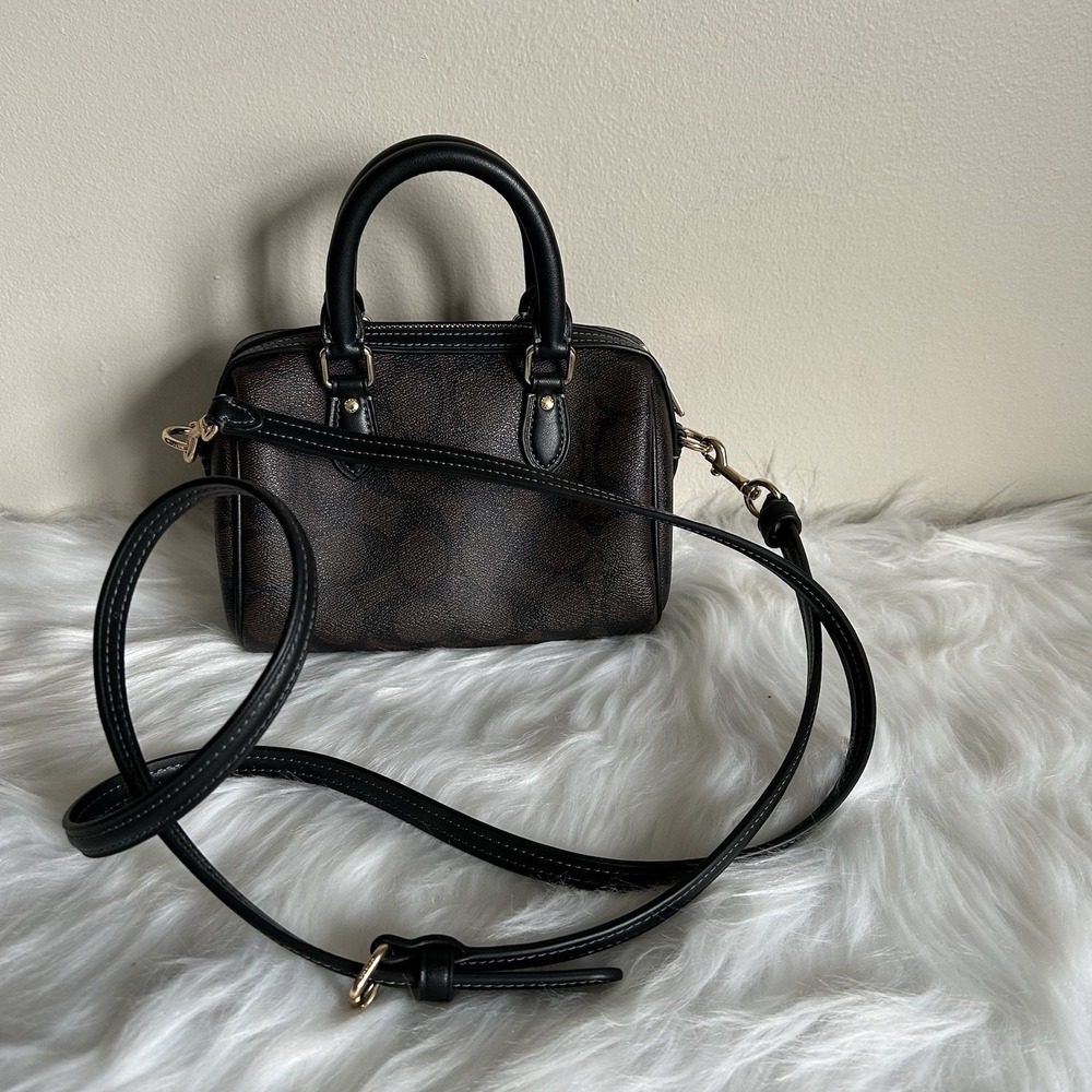 Coach Mini Rowan Brown Black Signature Canvas Leather Satchel Bag Excellent - Picture 3 of 9